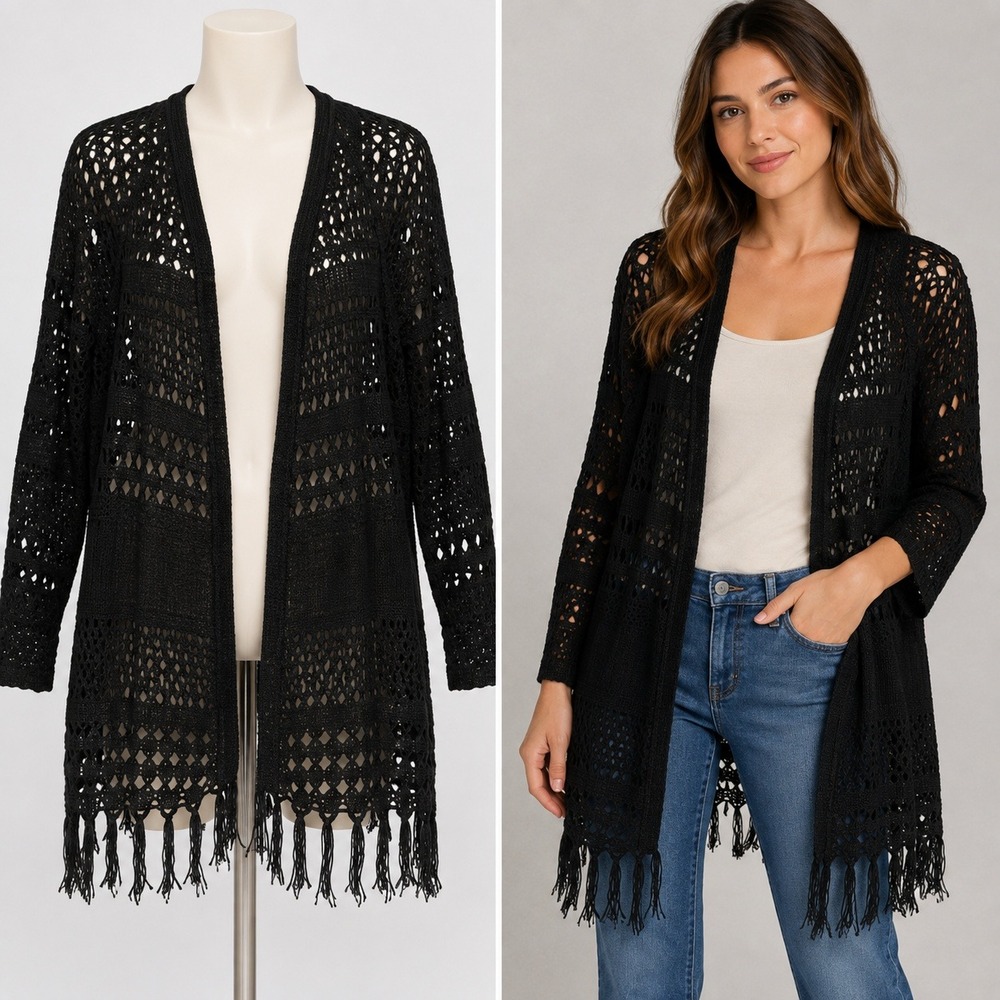 99 Jane Street Cardigan Womens XL Black Open Knit Fringe Long Duster Sweater
